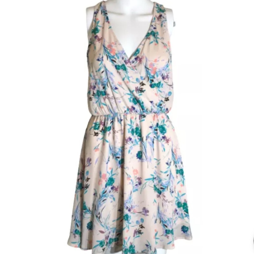 Lush Floral Print V-neck Faux Wrap Sleeveless Dress Size Small